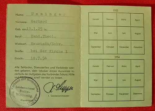 (1012447) Heimkehrer Mitgliedsausweis 1953-1956