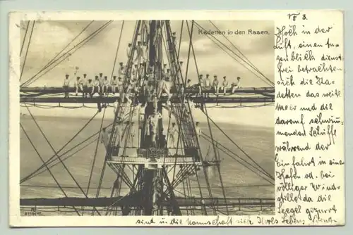 (1015807) Foto-Postkarte 'Marineleben'. Kadetten in den Raaen. Wilhelmshaven 1906