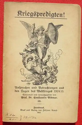 (0340288) Vidmar "Kriegspredigten !" Weltkrieg 1914/15. 128 S., Innsbruck 1915