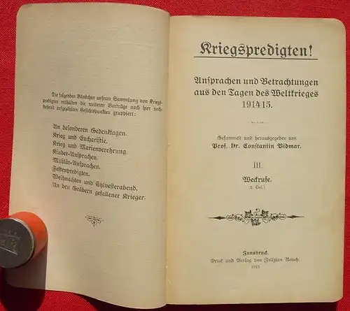 (0340288) Vidmar "Kriegspredigten !" Weltkrieg 1914/15. 128 S., Innsbruck 1915