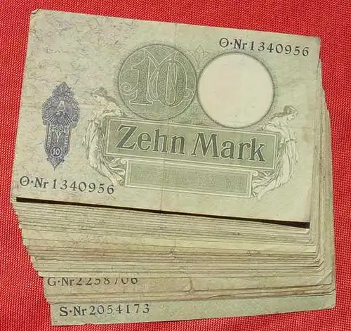 () 31 x 10 Reichsmark, Berlin 6. 10. 1906, Ro. 27, KZ = 7-stellig, z. T. stark gebraucht