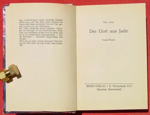 () "Der Gott aus Jade". Tropen-Roman von Allan Scott. 240 S., Bewin-Verlag, Menden