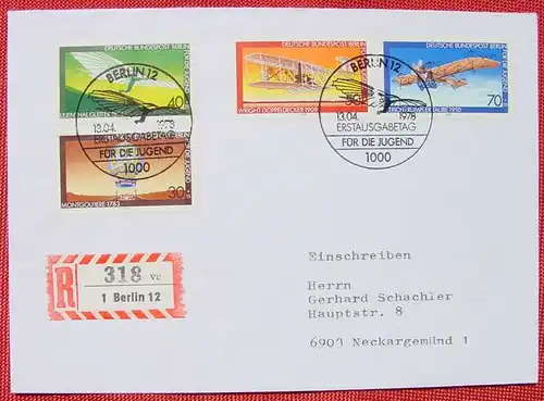 () E-Briefkuvert. Berlin 1978 Jugendmarken Fliegerei. Sonderstempel Erstausgabetag