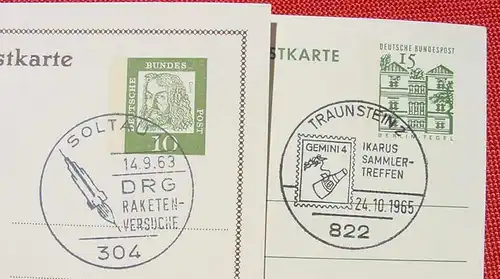 (1042147) 7 x Postkarten Sonderstempel Raumfahrt, Raketen, u. a. ... 1963-1968