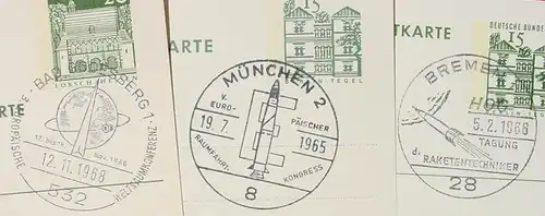 (1042147) 7 x Postkarten Sonderstempel Raumfahrt, Raketen, u. a. ... 1963-1968