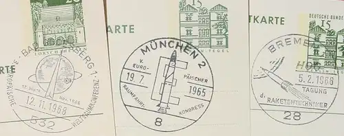 () 7 x Postkarten Sonderstempel Raumfahrt, Raketen, u. a. ... 1963-1968