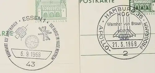 () 7 x Postkarten Sonderstempel Raumfahrt, Raketen, u. a. ... 1963-1968