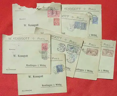 () 7 x Briefkuverts mit Briefmarken, W. Kenngott, Paris 1906-1907