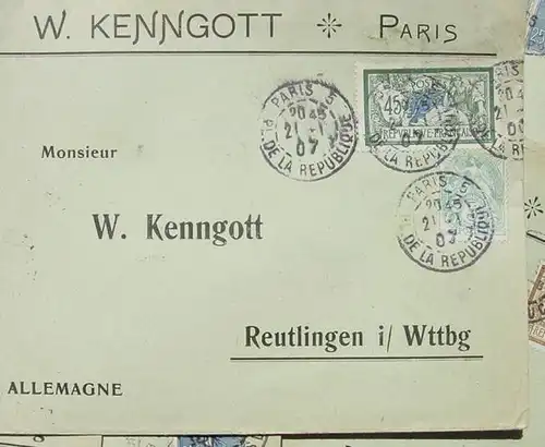 () 7 x Briefkuverts mit Briefmarken, W. Kenngott, Paris 1906-1907