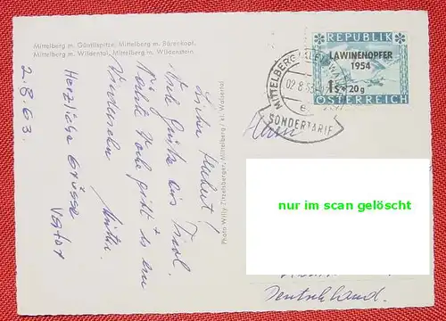 (1042169) AK Mittelberg mit Sondertarif-Stempel 1963 auf Lawinenopfer-Ueberdruck-Marke