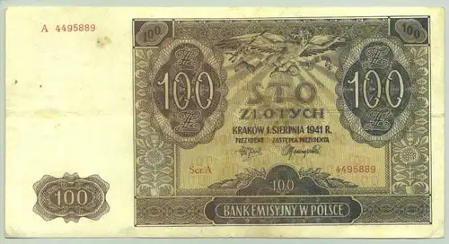 (1042219) Original-Geldschein ueber 100 Zloty, Krakau 1941. # Banknote