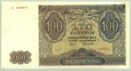 (1042220) Original-Geldschein ueber 100 Zloty, Krakau 1941. # Banknote
