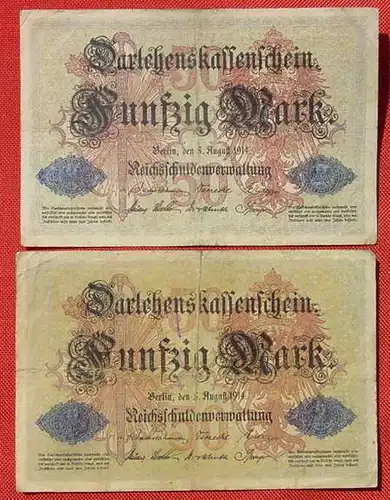 (1042234) 2 x 50 Reichsmark, Berlin 5. Aug. 1914. Darlehenskassenschein. KZ 6-stellig ! Selten