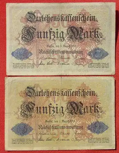 () 2 x 50 Reichsmark, Berlin 5. Aug. 1914. Darlehenskassenschein. KZ 6-stellig ! Selten