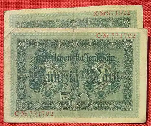 (1042234) 2 x 50 Reichsmark, Berlin 5. Aug. 1914. Darlehenskassenschein. KZ 6-stellig ! Selten