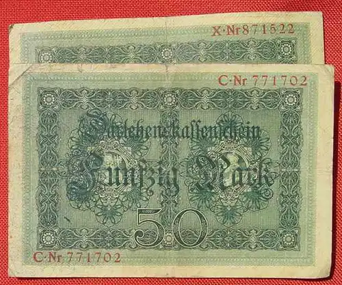 () 2 x 50 Reichsmark, Berlin 5. Aug. 1914. Darlehenskassenschein. KZ 6-stellig ! Selten