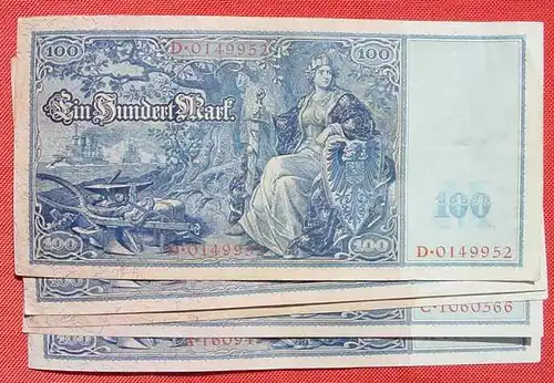 (1042259) 5 Banknoten zu je 100,00 Reichsmark, Berlin 1908. Ro. 35. Deutsches Reich. Geldscheine # nlvnoten