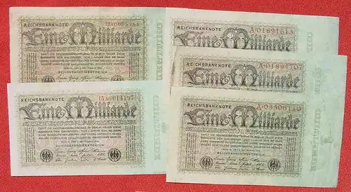 () 5 Banknoten zu je 1 Milliarde Reichsmark, Berlin 1923. Ro. 111. Deutsches Reich. Geldscheine # nlvnoten