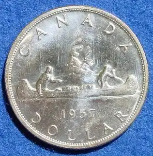 (1042303) Kanada / Canada. Silbermünze 1 Dollar 1957, Motiv Kanu / Indianer.  Super Erhaltung, siehe bitte Bilder. Versandkosten ab Euro 2,50