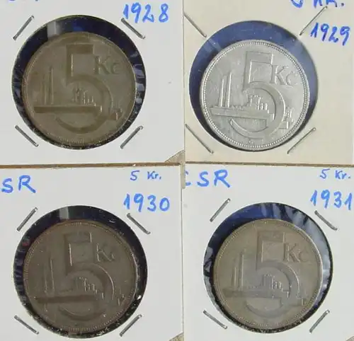 (1042739) Silbermuenzen der Tschechoslowakei. 4 x 5 Kronen. 1928, 29, 30, 31 (KM. 11)