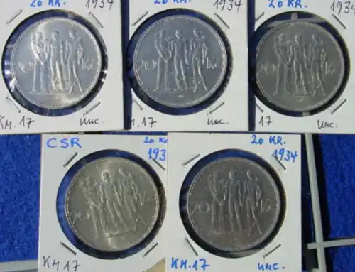 (1042758) Silbermuenzen der Tschechoslowakei. 5 x 20 Kronen 1934 (KM. 17)