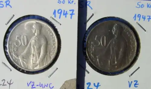 (1042767) Silbermuenzen der Tschechoslowakei. 2 x 50 Kronen 1947 (KM. 24)