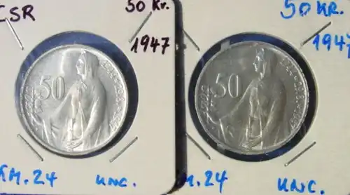 (1042768) Silbermuenzen der Tschechoslowakei. 2 x 50 Kronen 1947 (KM. 24)