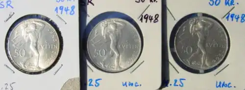 (1042770) Silbermuenzen der Tschechoslowakei. 3 x 50 Kronen 1948 (KM. 25)