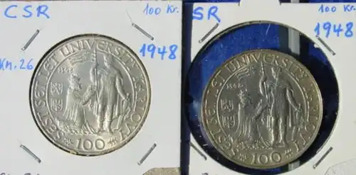 (1042771) Silbermuenzen der Tschechoslowakei. 2 x 100 Kronen 1948 (KM. 26, Universitaet)