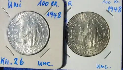 (1042772) Silbermuenzen der Tschechoslowakei. 2 x 100 Kronen 1948 (KM. 26, Universitaet)