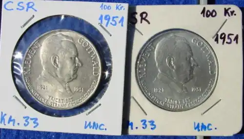 (1042785) Silbermuenzen der Tschechoslowakei. 2 x 100 Kronen 1951 (KM. 33, Gottwald)