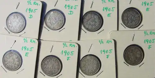 (1042937) Deutsches Reich. 14 Silbermuenzen. Halbe Reichsmark. (2xD, 3xE, 3xF, 6xG), Jaeger-Nr. 16