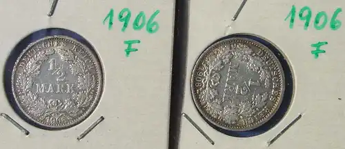 () Deutsches Reich. 2 Silbermuenzen. Halbe Reichsmark 1906-F, Jaeger-Nr. 16