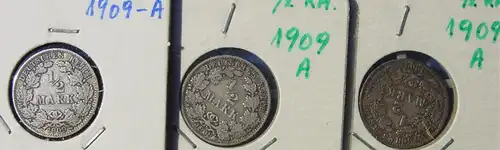 () Deutsches Reich. 3 Silbermuenzen. Halbe Reichsmark 1909-A, Jaeger-Nr. 16