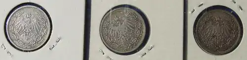 () Deutsches Reich. 3 Silbermuenzen. Halbe Reichsmark 1909-A, Jaeger-Nr. 16