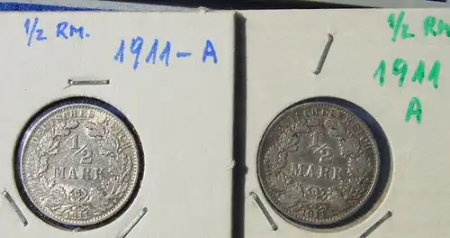 (1042969) Deutsches Reich. 2 Silbermuenzen. Halbe Reichsmark 1911-A, Jaeger-Nr. 16