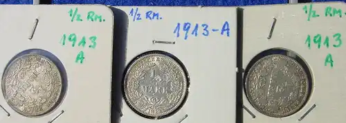 (1042979) Deutsches Reich. 3 Silbermuenzen. Halbe Reichsmark 1913-A, Jaeger-Nr. 16