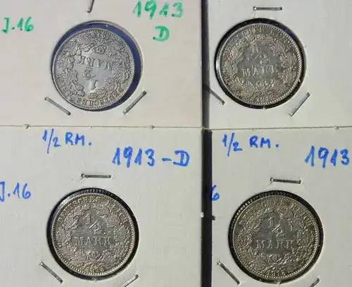 (1042983) Deutsches Reich. 4 Silbermuenzen. Halbe Reichsmark 1913-D, Jaeger-Nr. 16