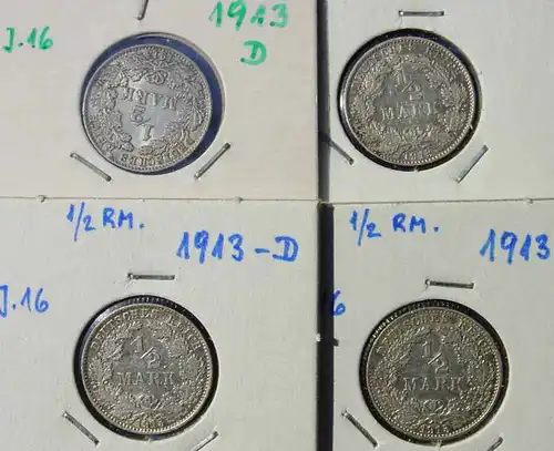 () Deutsches Reich. 4 Silbermuenzen. Halbe Reichsmark 1913-D, Jaeger-Nr. 16