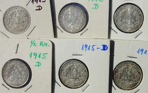 (1042996) Deutsches Reich. 6 Silbermuenzen. Halbe Reichsmark 1915-D (sehr gut erhalten !), Jaeger-Nr. 16