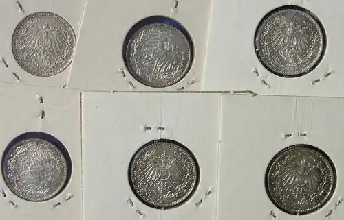 () Deutsches Reich. 6 Silbermuenzen. Halbe Reichsmark 1915-D (sehr gut erhalten !), Jaeger-Nr. 16