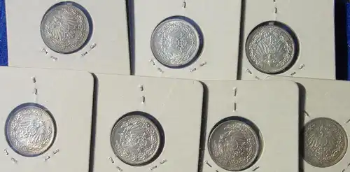 () Deutsches Reich. 7 Silbermuenzen. Halbe Reichsmark 1915-F (gut erhalten !), Jaeger-Nr. 16