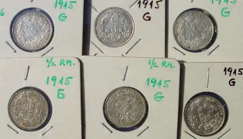 (1043000) Deutsches Reich. 6 Silbermuenzen. Halbe Reichsmark 1915-G, Jaeger-Nr. 16
