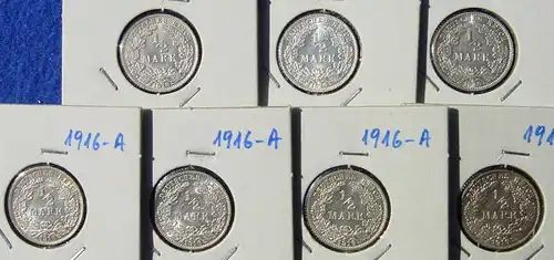 (1043005) Deutsches Reich. 7 Silbermuenzen. Halbe Reichsmark 1916-A (sehr gut erhalten), Jaeger-Nr. 16