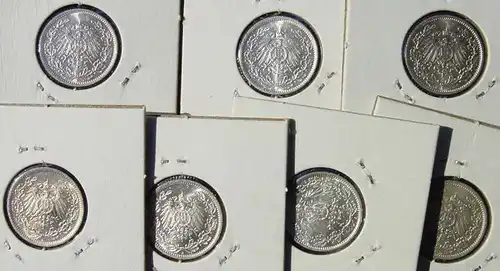 () Deutsches Reich. 7 Silbermuenzen. Halbe Reichsmark 1916-A (sehr gut erhalten), Jaeger-Nr. 16