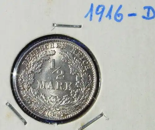 (1043006) Deutsches Reich. Silbermuenze. Halbe Reichsmark 1916-D (sehr gut erhalten), Jaeger-Nr. 16