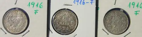 () Deutsches Reich. 3 Silbermuenzen. Halbe Reichsmark 1916-F, Jaeger-Nr. 16