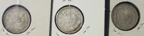 () Deutsches Reich. 3 Silbermuenzen. Halbe Reichsmark 1916-F, Jaeger-Nr. 16