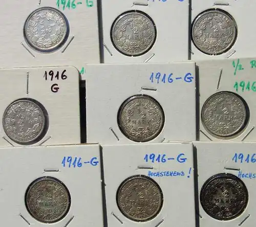 (1043012) Deutsches Reich. 9 Silbermuenzen. Halbe Reichsmark 1916-G, Jaeger-Nr. 16