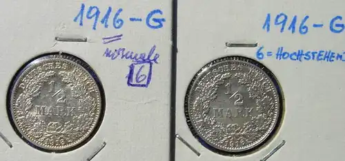 () Deutsches Reich. 2 Silbermuenzen. Halbe Reichsmark 1916-G (Varianten !), Jaeger-Nr. 16